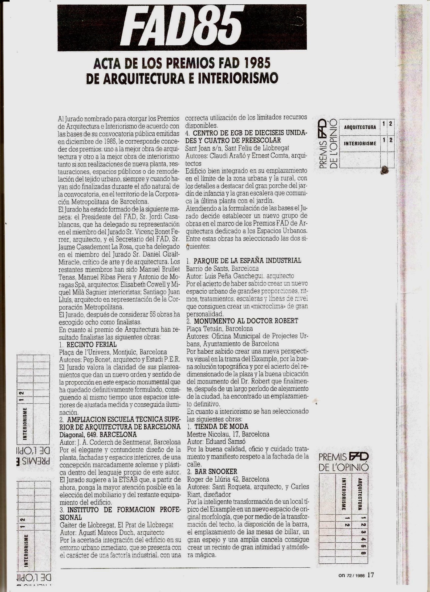 Acta original del Premio FAD 1985